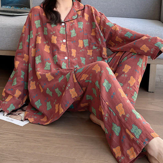 Loungewear-Set aus Baumwolle mit Revers und Bärenmotiv in Übergröße