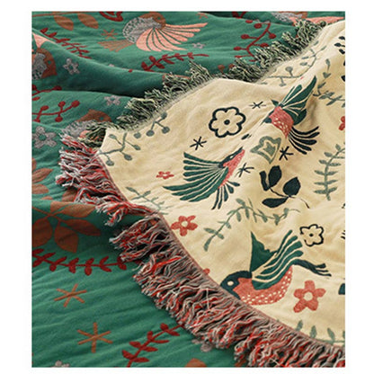 Ownkoti Boho Atmungsaktive Wendedecke mit Blumen und Vögeln