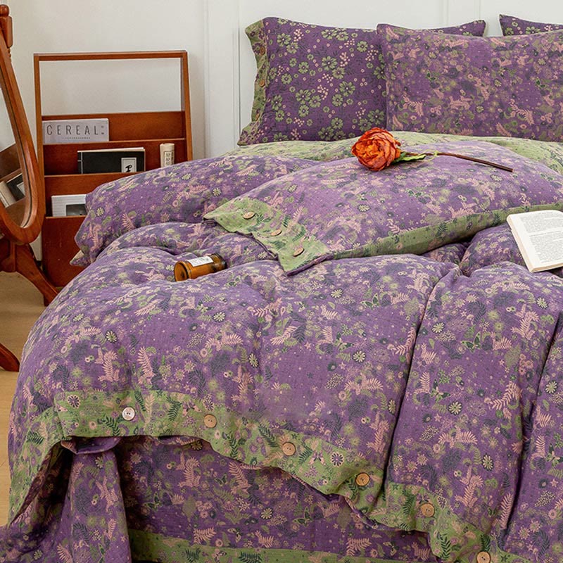 Boho Flower Lila Baumwoll-Bettwäsche-Sets (4-teilig)