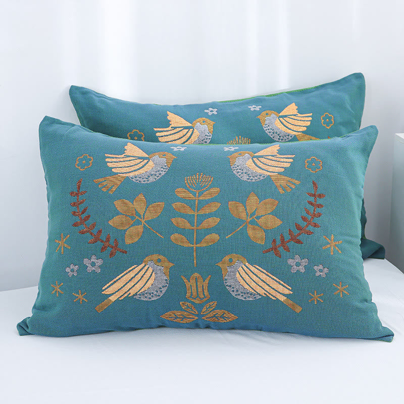 Boho Blumenvogel Baumwollgaze Kissenbezüge (2 Stück)