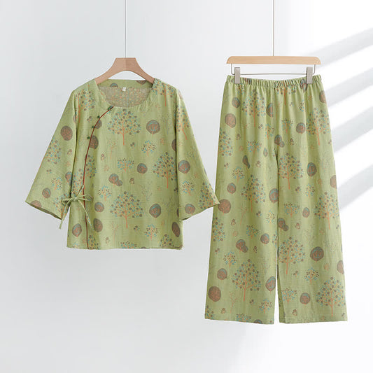 Loungewear-Set aus Jacquard-Baumwolle mit Blattbaum-Print - Grün - XL - image 1