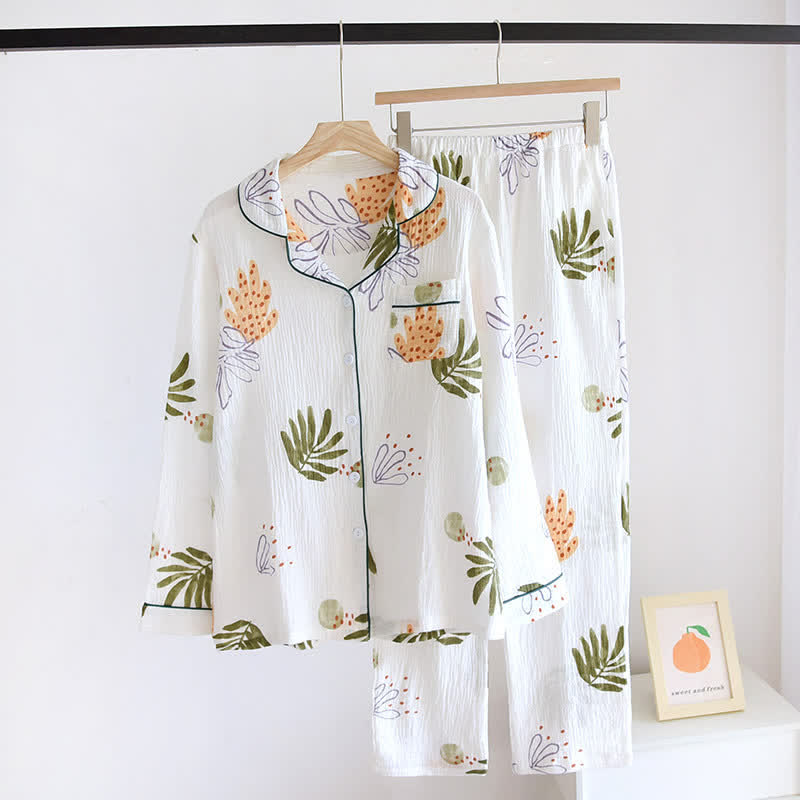 Pyjama-Set aus reiner Baumwolle mit Blattmuster und langen Ärmeln