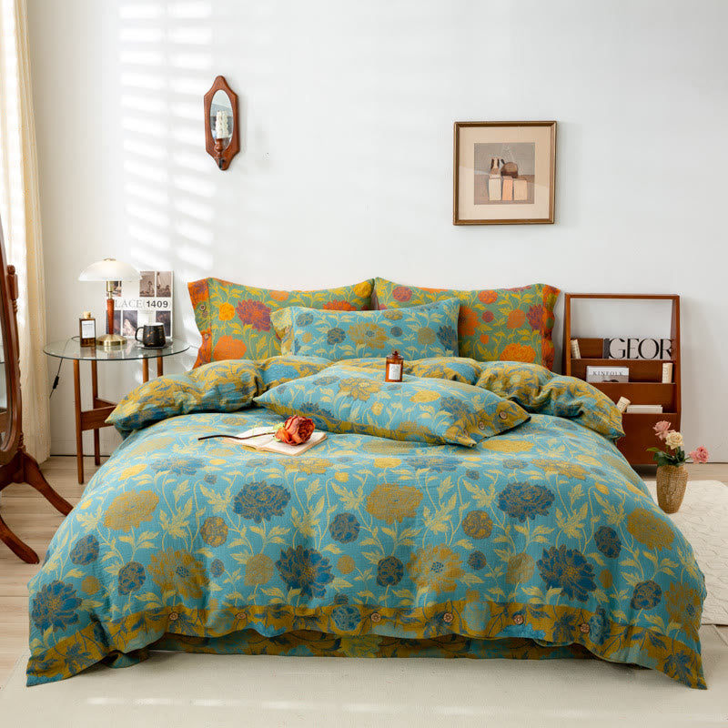 Retro-Bettwäsche-Set aus Baumwolle mit Blumen und Blättern (4-teilig)