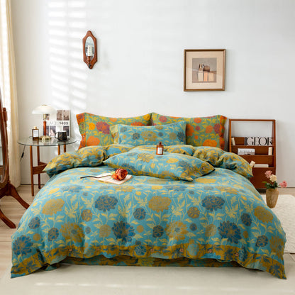 Retro-Bettwäsche-Set aus Baumwolle mit Blumen und Blättern (4-teilig)