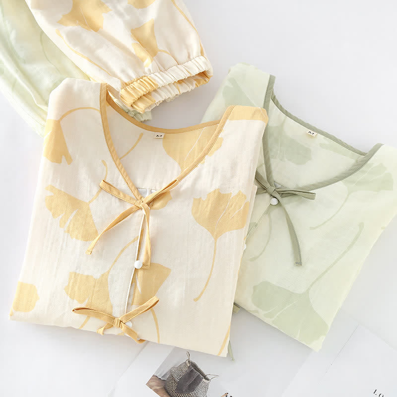 Loungewear-Set aus Baumwolle mit Ginkgoblatt-Schleife