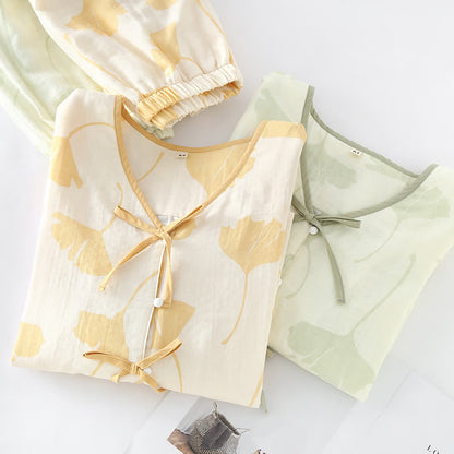 Loungewear-Set aus Baumwolle mit Ginkgoblatt-Schleife